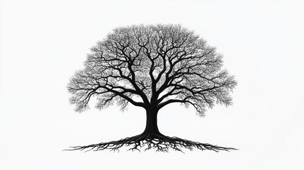 Solitary leafless tree silhouette with sprawling bare branches and exposed roots on a stark white background, evoking calm resilience and timeless solitude