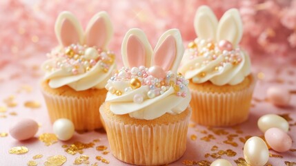 Three beautifully decorated cupcakes showcase bunny ears and colorful sprinkles. They sit on a soft pink surface, perfect for a spring celebration or Easter party.