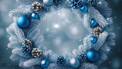 frosted pine wreath with blue baubles and silver pine cones on snowy evergreen branches, soft bokeh background, serene festive winter mood