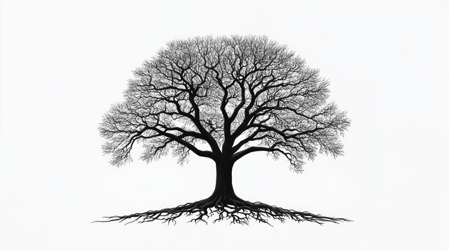 Solitary leafless tree silhouette with sprawling bare branches and exposed roots on a stark white background, evoking calm resilience and timeless solitude - Powered by Adobe