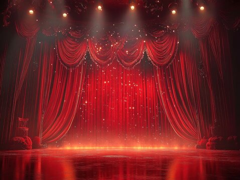 Empty ornate red velvet theater stage with heavy draped curtains, glowing spotlights, sparkling glitter and reflective polished floor evoking dramatic anticipation