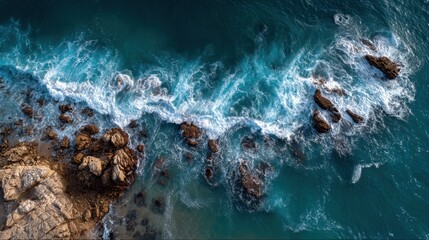The scene captures waves rolling onto rocky shores under bright sunlight. The blue ocean contrasts with the dark rocks, showcasing nature's beauty and power.