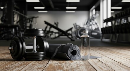 Fitness equipment with dumbbells and yoga mat on gym floor