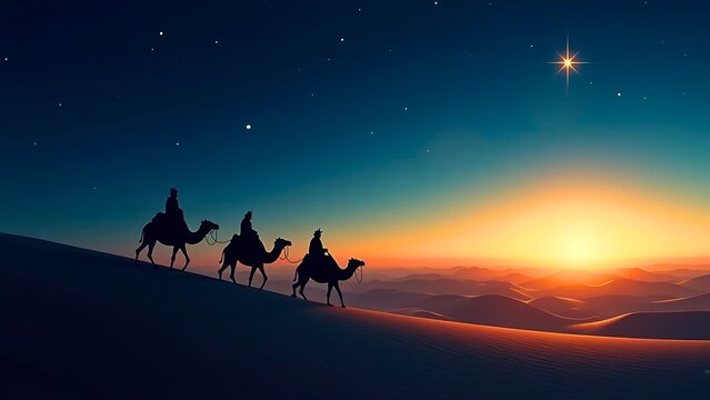Silhouette of the Three Kings (Magi) on Camels Traversing Desert Dunes at Dawn/Dusk, Guided by the Shining Christmas Star