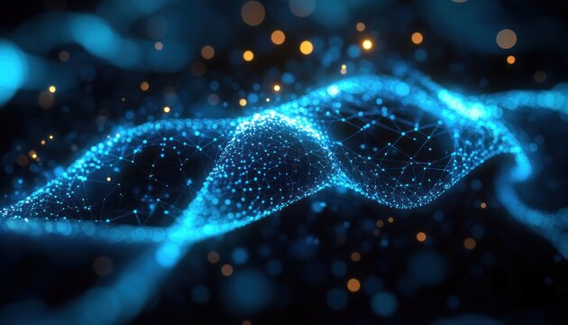 Glowing blue digital mesh forming undulating waves of interconnected nodes and lines with floating golden bokeh particles, creating a futuristic ethereal sense of motion