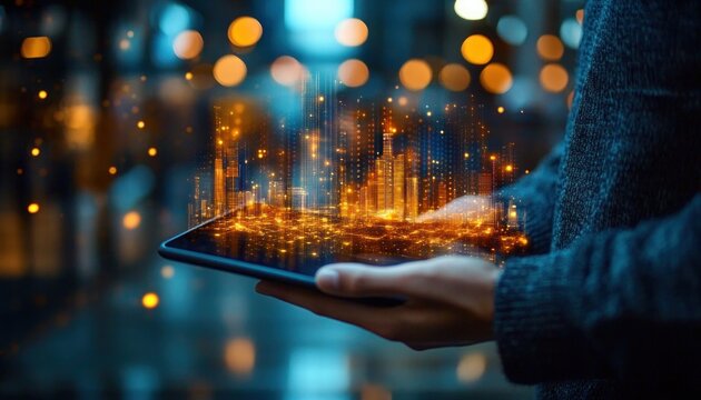 hands holding tablet projecting a glowing holographic cityscape with warm bokeh lights, evoking wonder and futuristic innovation