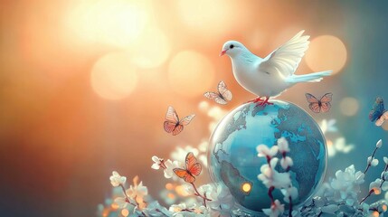white dove perched on a blue globe surrounded by butterflies and white blossoms in warm golden light, evoking peace and hope