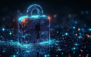 glowing blue digital padlock made of luminous data particles with a keyhole standing over a circuit-like reflective surface and warm and cool bokeh lights, conveying security and protection