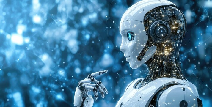 Sleek robot head profile, tech details, blue, sparkling - Powered by Adobe