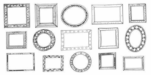 Collection of hand drawn decorative picture frames in various shapes and styles on a white background