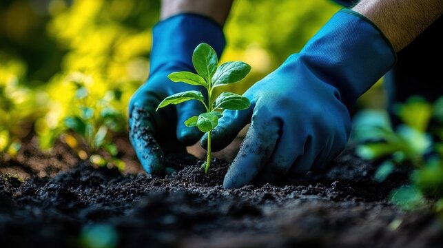 hands in blue gardening gloves gently planting a young green seedling in rich soil, conveying care, nurture and hopeful growth