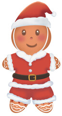 A gingerbread man in a Santa Claus outfit during Christmas.