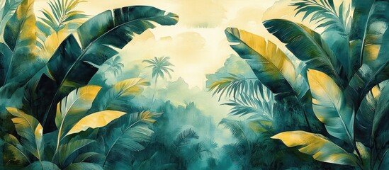 Lush tropical jungle with oversized banana leaves and distant palm silhouettes in misty golden morning light, serene and dreamy atmosphere