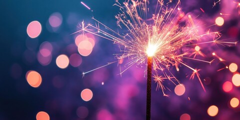 lit handheld sparkler emitting bright sparks and starbursts against colorful pink and blue bokeh background, festive and joyful mood