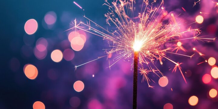 lit handheld sparkler emitting bright sparks and starbursts against colorful pink and blue bokeh background, festive and joyful mood