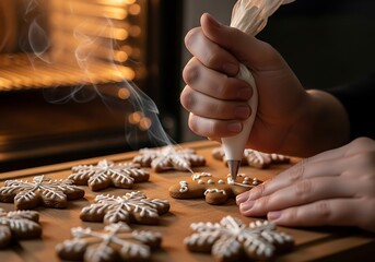Delicate white icing being piped onto freshly baked gingerbread cookies in festive snowflake and gingerbread man shapes, creating a beautiful winter treat