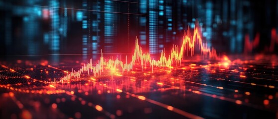 Intense glowing red-orange data waveform rising across a dark digital grid with scattered lights and blurred blue vertical data columns, conveying rapid volatility and high energy