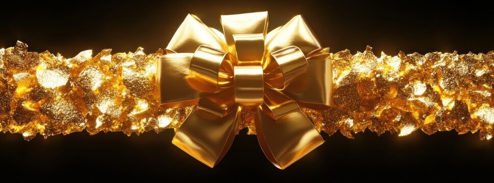 Large metallic gold gift bow centered on a glittering crushed gold ribbon strip against a dark background, radiating opulence and festive celebration