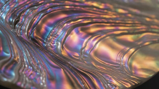 Macro close-up, slowly rotating mother of pearl texture reflecting intense iridescent holographic light shifts slow motion, colorful, abalone shell