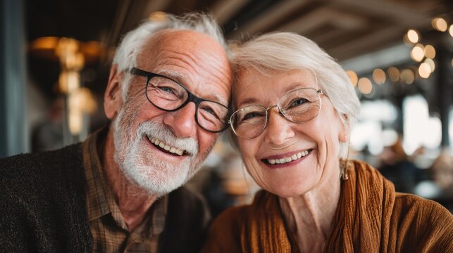 An elderly man and woman sit closely together in a restaurant, smiling brightly at each other. The warm atmosphere highlights their affection and happiness.
