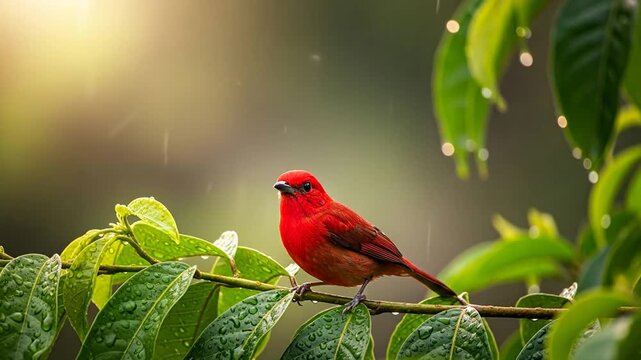Scarlet tanager perched on branch in light rain, a moment of natural beauty