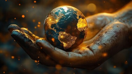 weathered hand cradling a small glowing earth globe with golden illuminated continents and floating light particles, evoking protection and awe