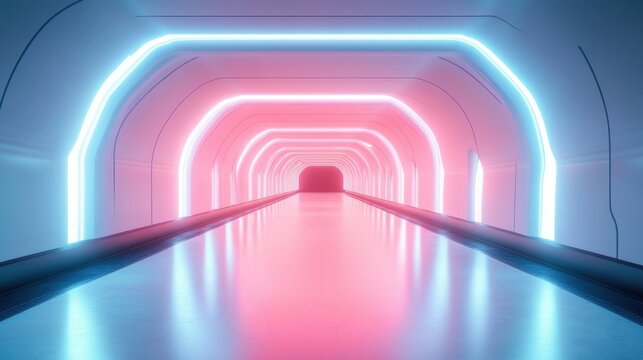 futuristic neon-lit tunnel corridor with repeating glowing arches and reflective glossy floor in soft pink and blue, serene symmetrical sci-fi passage