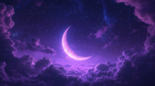 glowing purple crescent moon hanging above luminous purple clouds in a starry night sky, a dreamy serene celestial scene of magic and wonder - Powered by Adobe