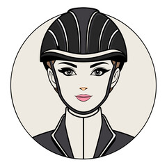 Equestrian female rider portrait illustration with a stylish black helmet and formal riding jacket. sporty graphic avatar of a woman involved in horse riding activities.