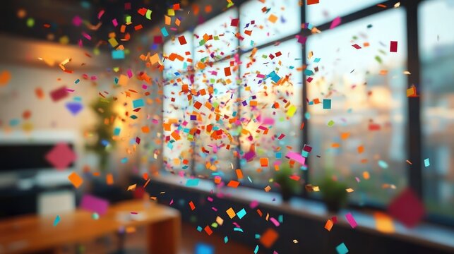 Colorful confetti filling a modern office interior with large windows, desks and potted plants, creating a joyful celebratory atmosphere - Powered by Adobe
