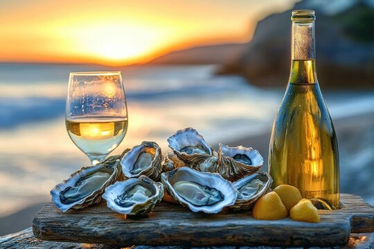 Fresh oysters on a rustic wooden board with lemon wedges, white wine bottle and glass at a golden beach sunset evoking relaxed romantic seaside dining