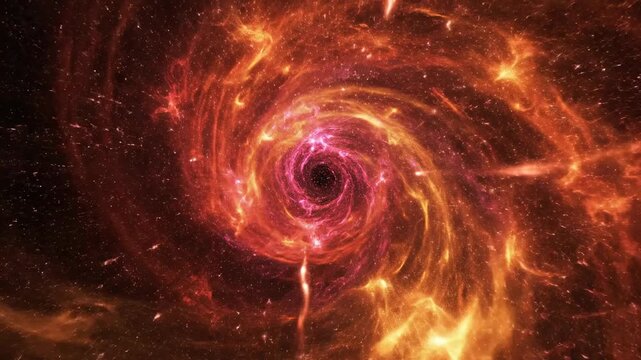Macro microscopic view of vibrant subatomic energy swirling and rotating with intense reds and oranges against a deep cosmic black backdrop research, graphics, physics