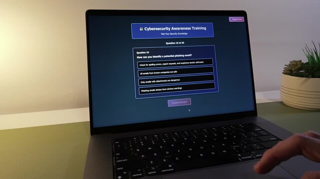 Middle Aged Man Taking Corporate Employee Information Security Awareness Training - Cybersecurity User Education Concept