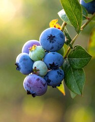 Ripe and Unripe Blueberries on the Bush in Sunlight.