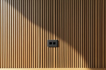 Minimalist wooden slatted wall with centered black electrical outlet and diagonal sunlight casting warm shadow, calm modern interior texture