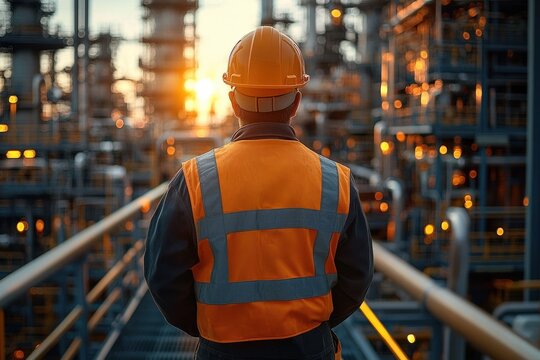 industrial worker in orange safety vest and hard hat standing on metal walkway facing refinery pipes and towers at sunset, focused and vigilant - Powered by Adobe