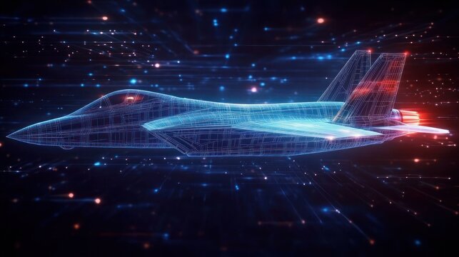 glowing holographic wireframe jet soaring through neon data streams with streaking lights and dynamic futuristic energy