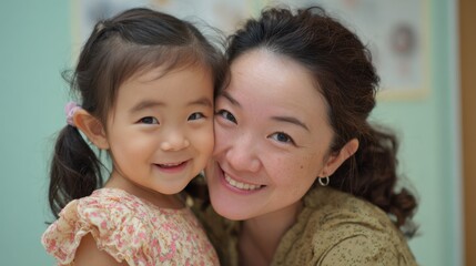 A mother smiles warmly as she embraces her daughter in a colorful classroom. The child is happy and cheerful, enjoying their time together filled with laughter and love.