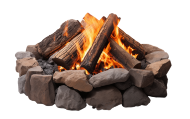 Campfire Flames: Outdoor Bonfire, Burning Wood & Stone Fire Pit on transparent background png