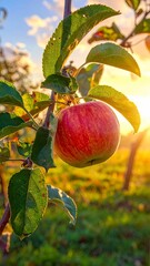 Ripe Apple on Tree Branch in Orchard at Sunset.