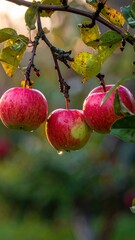Ripe Apples Hanging on a Branch in Autumn Sunlight.