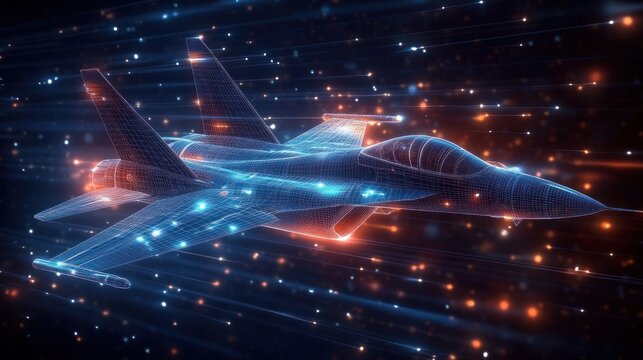 Glowing wireframe fighter jet streaking through digital particle trails, sleek high-speed motion conveying futuristic powerful high-tech energy
