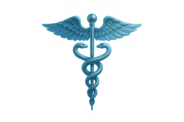 Blue caduceus symbol representing medicine and commerce, featuring interconnected snakes, wings, and a staff on transparent background