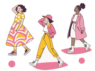 Young Girls Walking and Standing &ndash; Casual Lifestyle Vector Characters