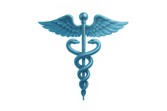 Blue caduceus symbol representing medicine and commerce, featuring interconnected snakes, wings, and a staff on transparent background