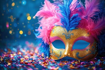 vibrant pink and blue feather headdress with glittering confetti on colorful stage floor, warm bokeh lights creating a joyful festive mood