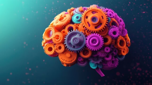 colorful cluster of orange, purple and teal gears forming a mechanical brain with floating particles on a dark background, conveying innovation and creative thinking
