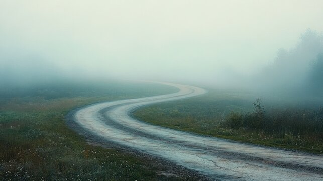 winding wet country road curving through a grassy meadow into low morning fog with distant tree silhouettes, evoking calm, solitude and quiet mystery