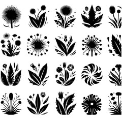 Collection of twenty black and white floral designs featuring various stylized plants and flowers