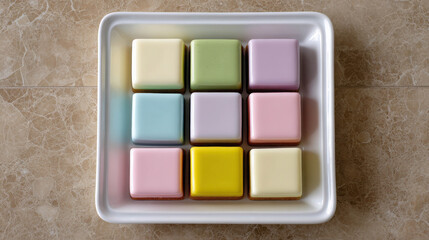 Fototapeta premium Delicious Top Down View of Assorted Layered Thai Desserts Neatly Arranged in a White Tray on a Light Marble Surface